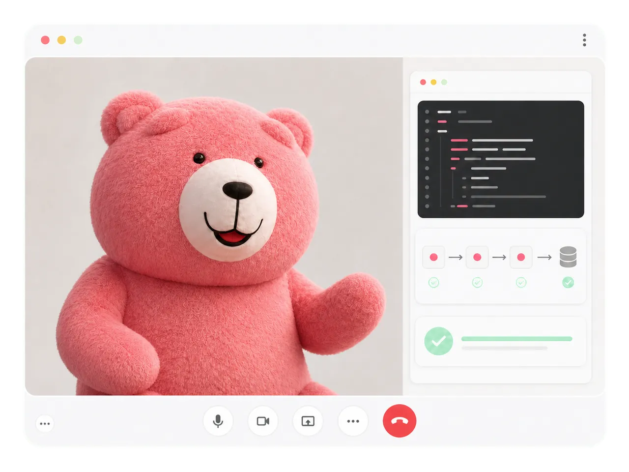 A pink Bruin bear in a video call beside a pipeline agent feature demonstration.