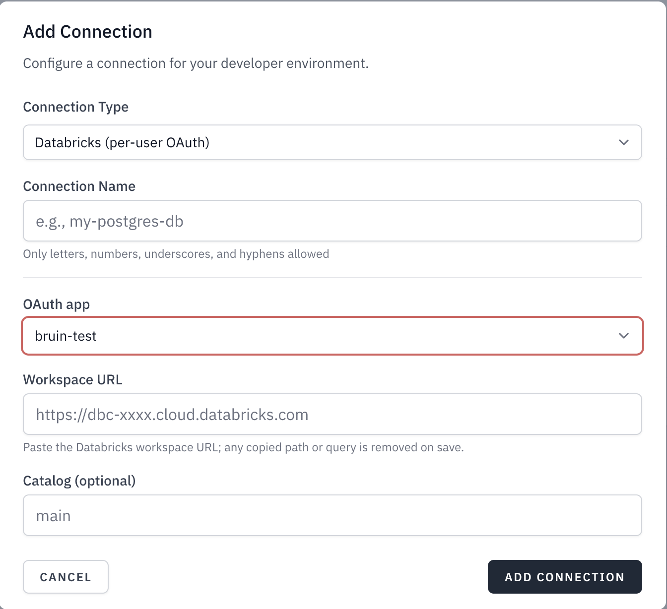 Add Databricks per-user OAuth connection in Bruin