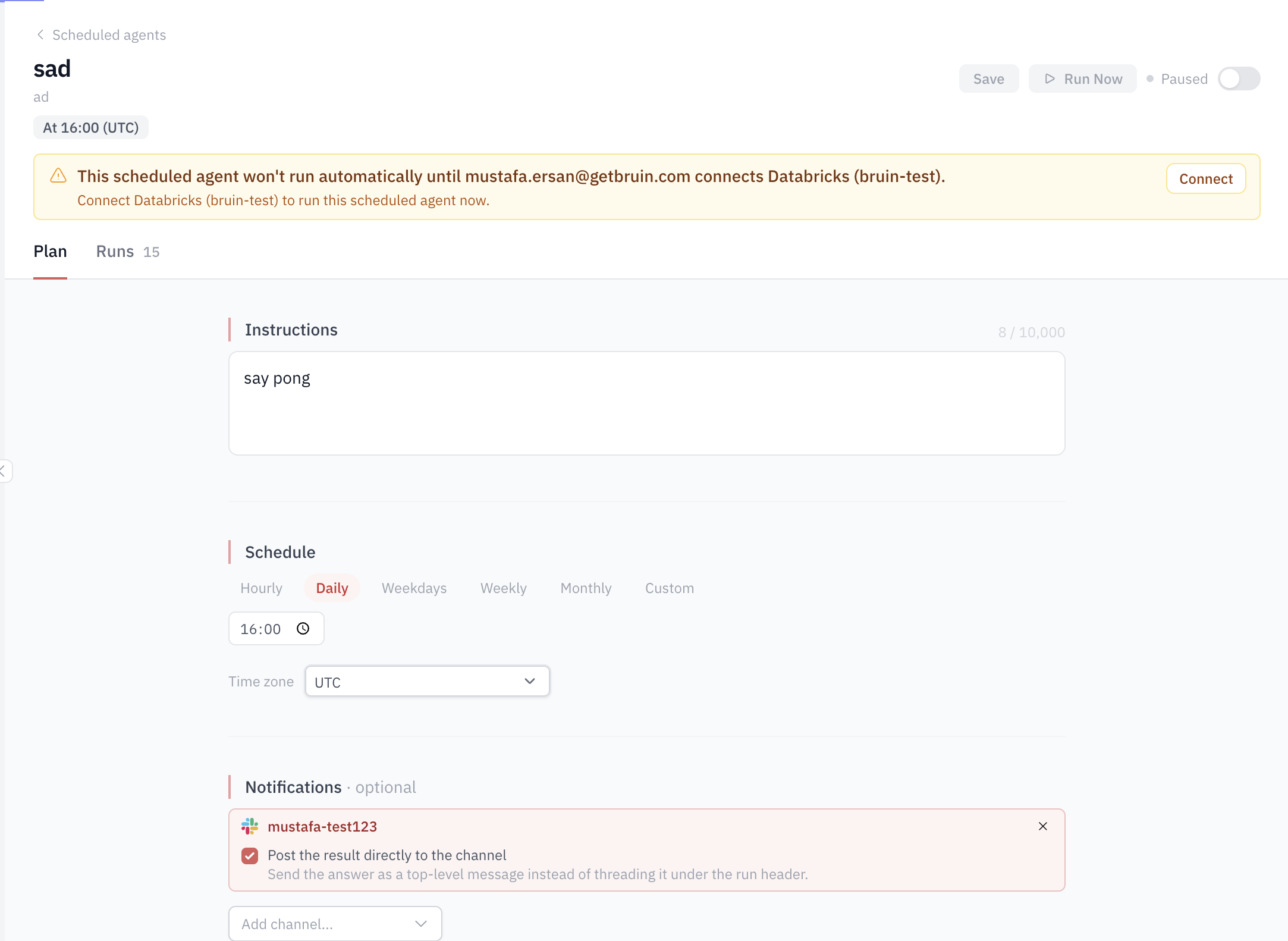 Scheduled agent waiting for Databricks connection