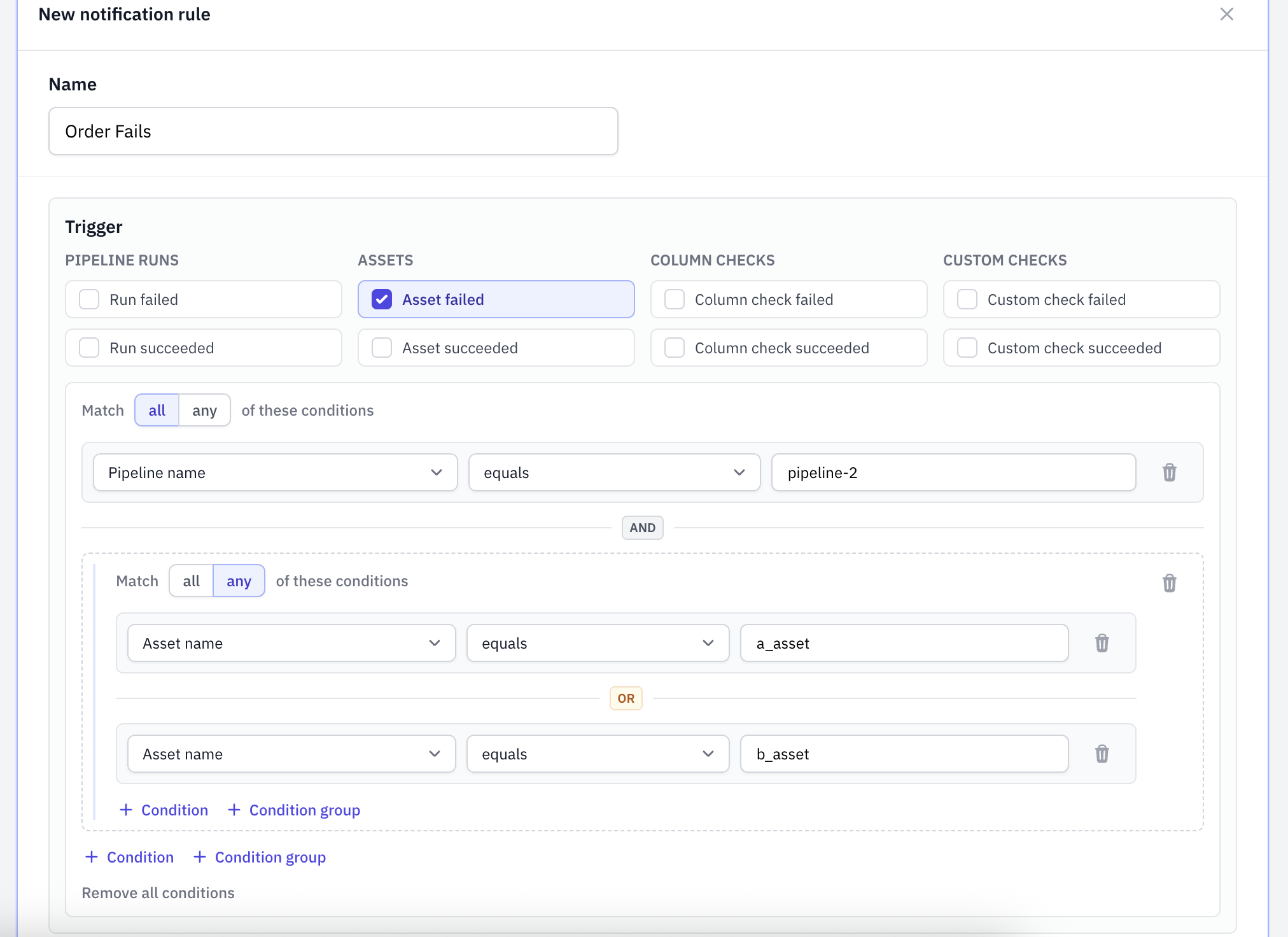 A notification trigger with nested all and any condition groups