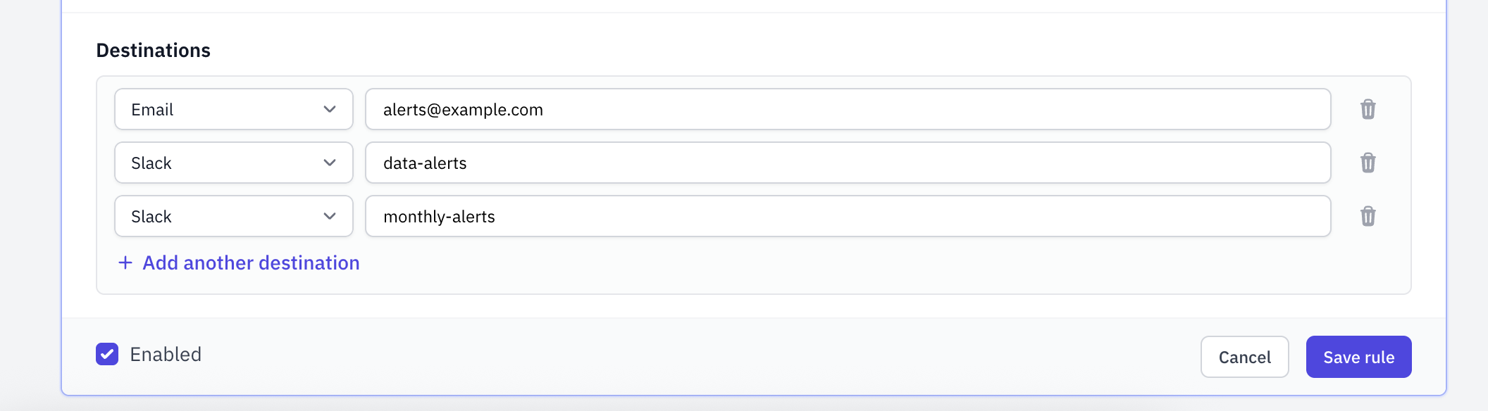 Email and Slack destinations in a notification rule