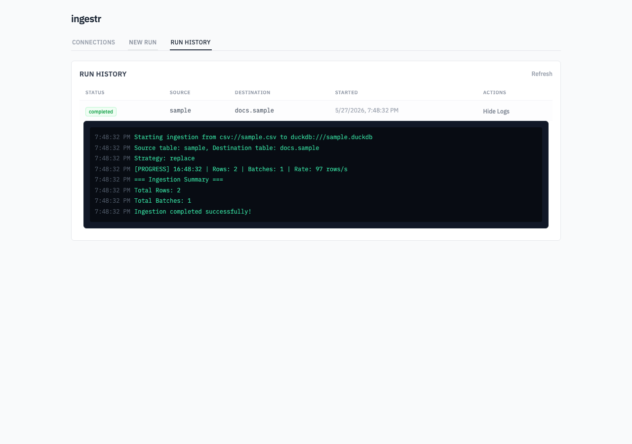 ingestr server run history tab