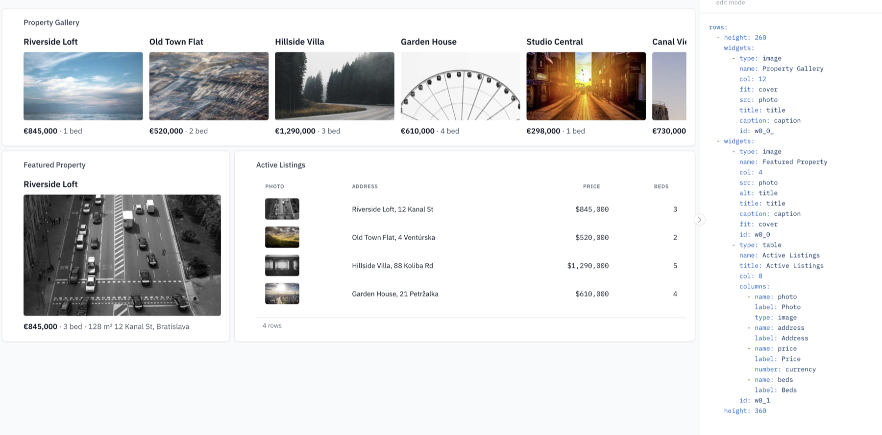 Image widgets and an image column in a dashboard table.
