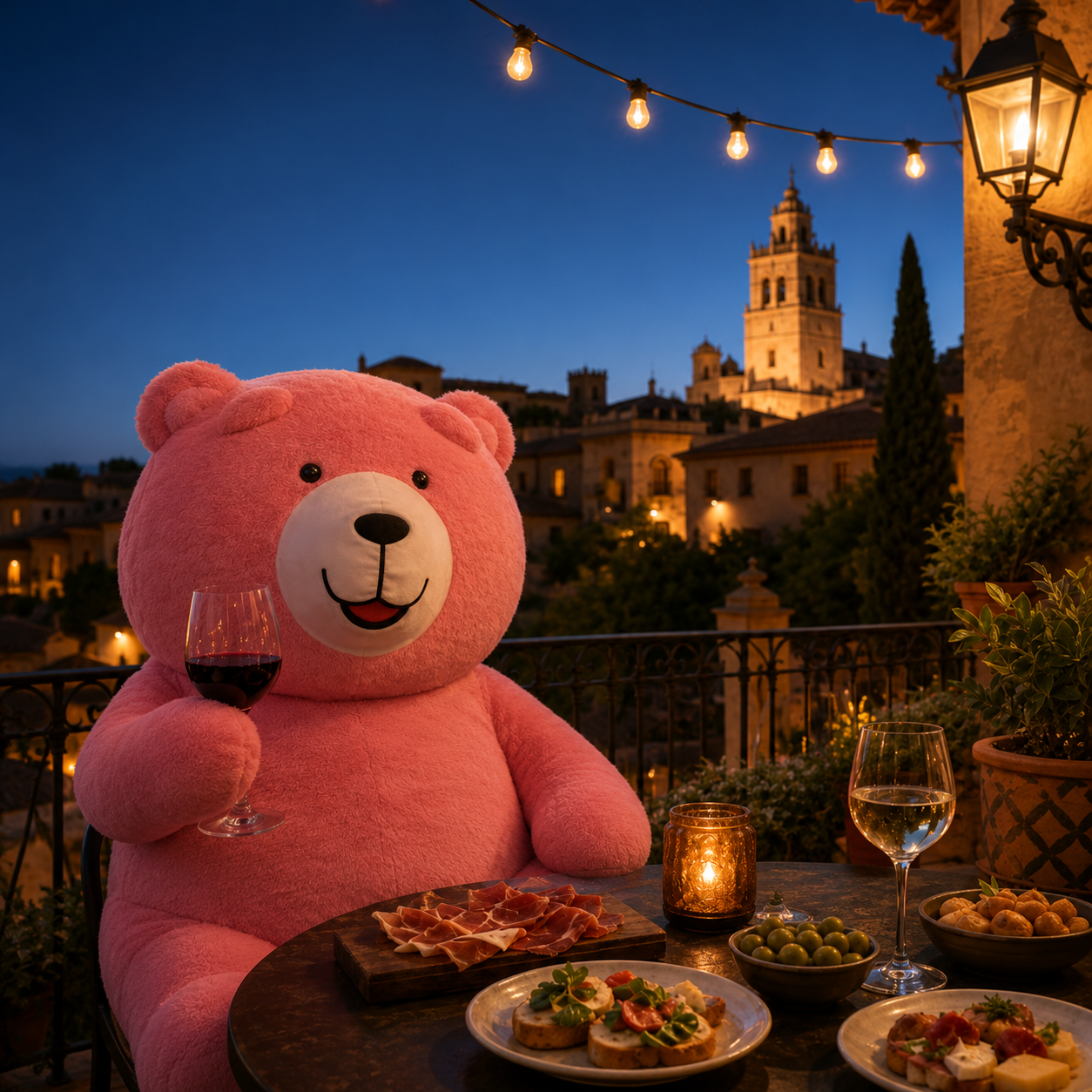 The Bruin bear toasting with a glass of wine at a Barcelona terrace at dusk